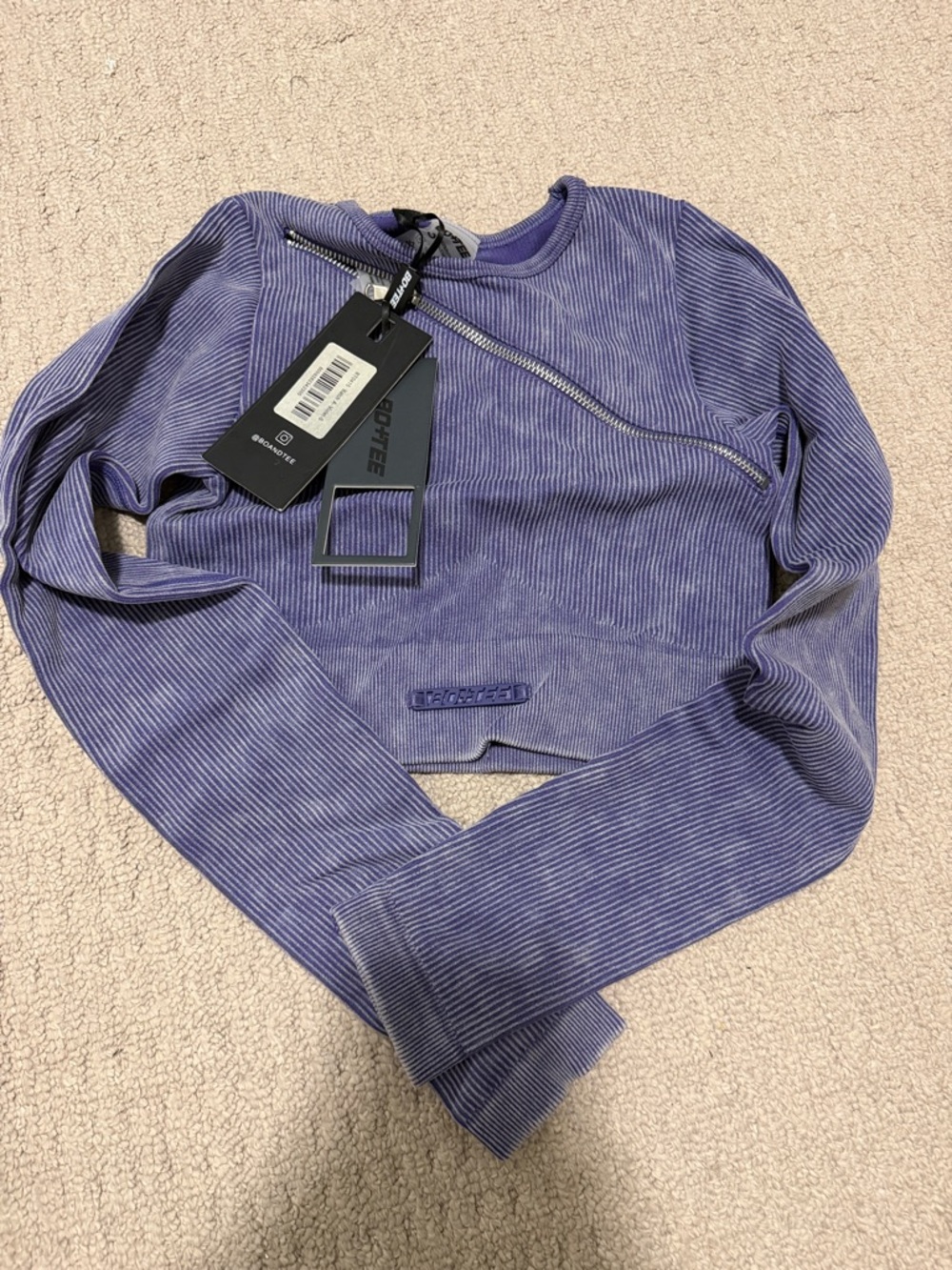 Off-White Ribbed Purple Long Sleeve Tee with Asymmetrical Zip